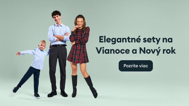 Elegantné oblečenie pre Vianoce a Nový rok zahŕňajúce šaty, košele a doplnky pre rôzne vekové kategórie. Na obrázku je slogan a tlačidlo vyzývajúce na zistenie podrobností o ponuke.