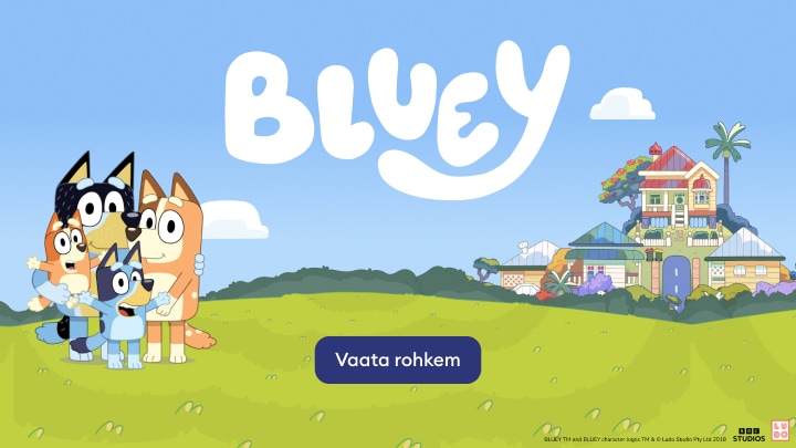 Bluey animasarja tegelased rohumaal perega seotud sisu tutvustavas reklaampildis