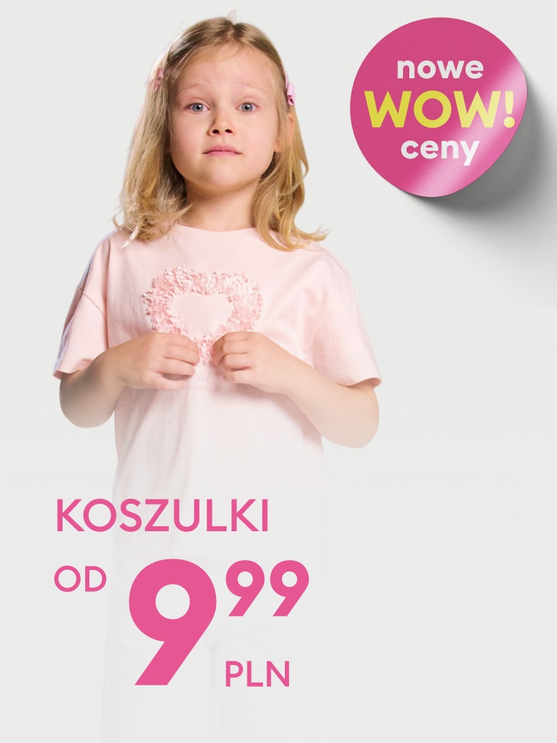 Promocja koszulek dziecięcych z nowymi, obniżonymi cenami, zachęcająca do zakupu odzieży dla dzieci.