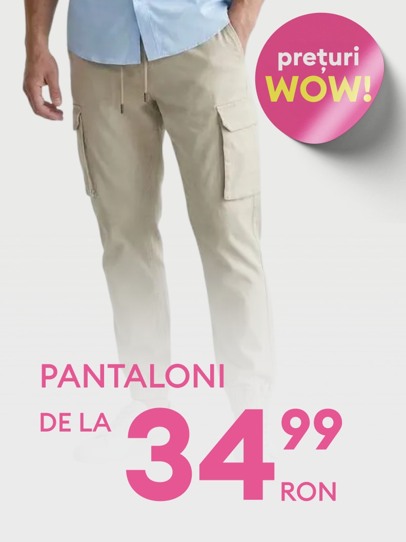 Pantaloni casual pentru bărbați, disponibili la preț redus, începând de la 34,99 RON. Oferte speciale în cadrul campaniei „Prețuri WOW!”. Ideal pentru un stil confortabil și practic.