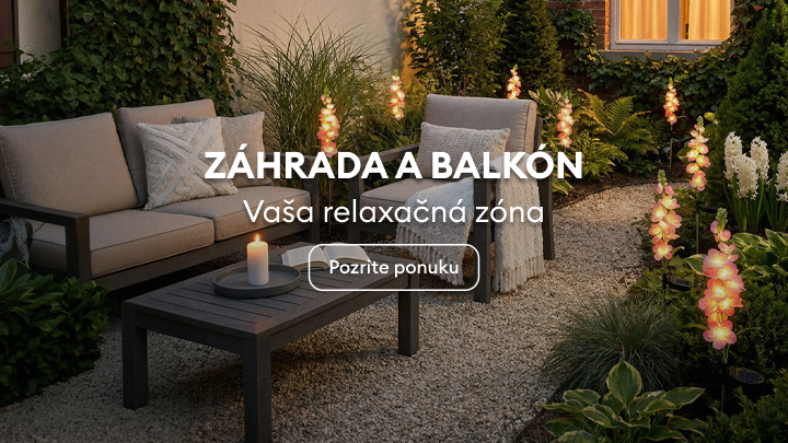 Propagačný vizuál predstavujúci záhradný a balkónový priestor ako miesto oddychu a relaxu, s cieľom inšpirovať a nasmerovať používateľa k ponuke vybavenia.