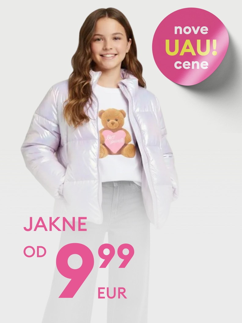 Kurtki od 39,99 zł dostępne w promocyjnej ofercie. Na obrazku widoczna kurtka w jasnym kolorze oraz koszulka z nadrukiem misia trzymającego serce. Obok napis „Nowe WOW! ceny”.