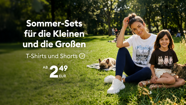 Werbung für Sommer‑Sets mit T‑Shirts und Shorts für Kinder und Erwachsene, geeignet für Freizeit und Alltag, mit Einstiegspreis ab 2,49 EUR.