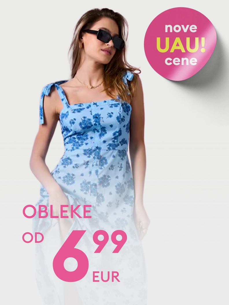 Promocija ženskih oblek z novimi, ugodnimi cenami, namenjena spodbujanju nakupa modnih oblek po zelo dostopni začetni ceni.