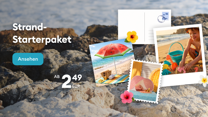 Werbliche Darstellung eines Strand‑Starterpakets mit grundlegenden Strandartikeln für den Sommer, das Nutzer zum Entdecken und Kaufen eines preiswerten Sets anregt.