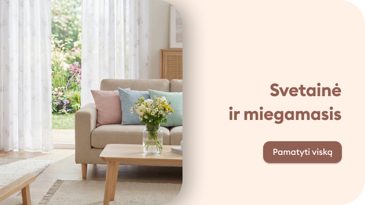 Kvietimas peržiūrėti svetainės ir miegamojo baldų bei interjero sprendimų pasiūlymus, skirtus jaukiai ir funkcionaliai namų erdvei kurti.