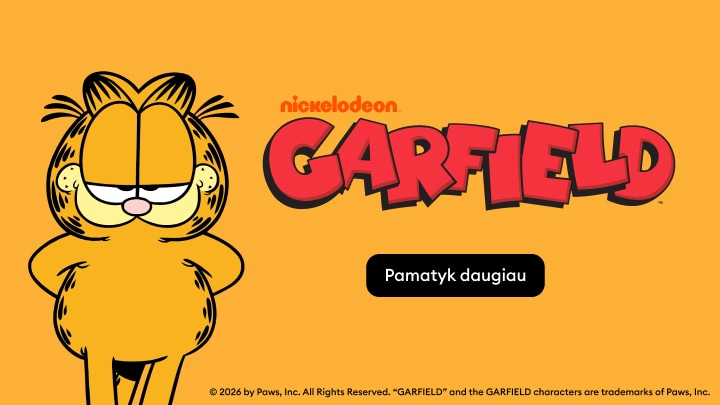 Garfield kolekcijos reklama su animaciniu personažu, kviečianti sužinoti daugiau apie produktus