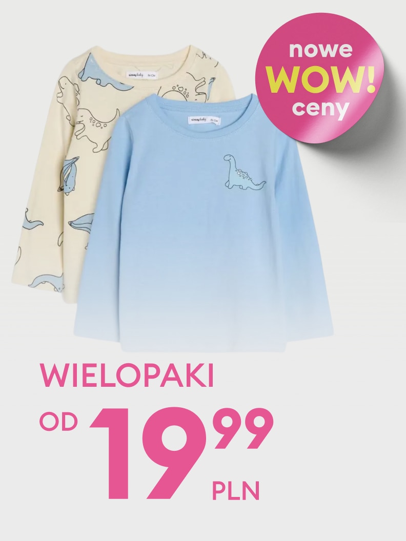 Promocja wielopaków dziecięcych koszulek z długim rękawem, prezentująca ofertę zestawów w obniżonej cenie dla dzieci.