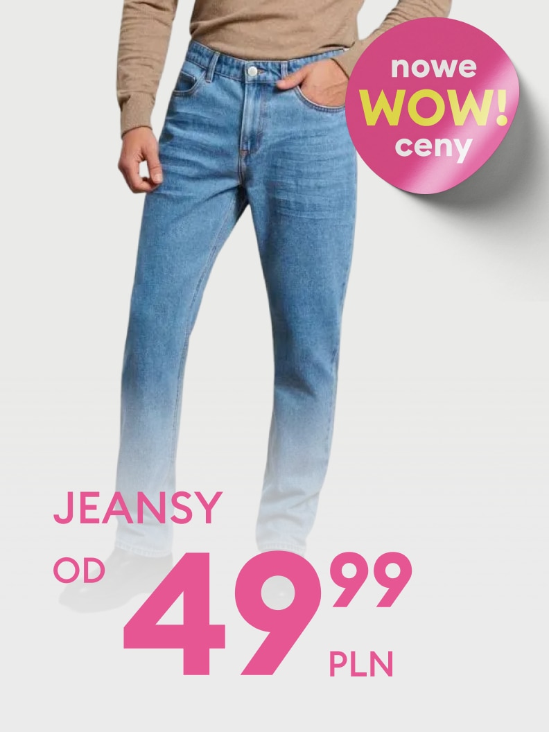 Grafika promocyjna informująca o ofercie sprzedaży jeansów w obniżonej cenie.