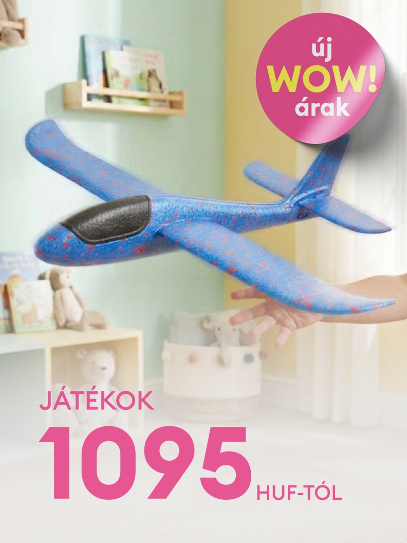Gyermekjáték repülő promóciója, amely a játékok kínálatát és az aktuális kedvezményes ajánlatot hangsúlyozza.