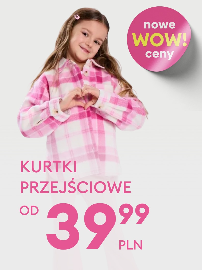 Reklama promocyjna kurtek przejściowych dla dzieci, zachęcająca do zakupu dzięki nowej ofercie i obniżonym cenom.