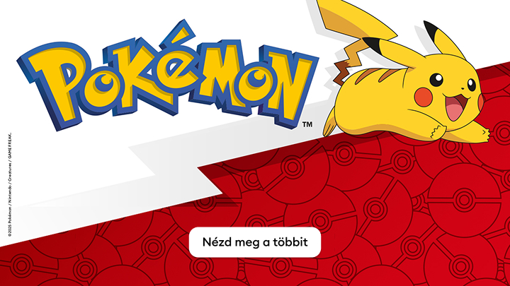 Pokémon logó látható, mellette Pikachu, a népszerű sárga karakter mosollyal, vidám pózban. Az alábbi szöveg ösztönzi az embereket, hogy fedezzék fel a többi tartalmat: 