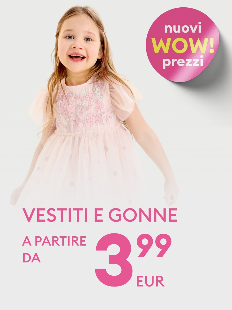 Promozione su vestiti e gonne per bambine, che comunica un’offerta conveniente con nuovi prezzi ridotti pensata per l’acquisto di abbigliamento per bambini.