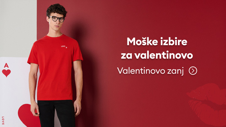 Možnosti daril za valentinovo za moške. Na sliki piše: "Moške izbire za valentinovo. Valentinovo zanj." Tekst vabi, da si ogledate posebne ponudbe izdelkov, primernih za valentinovo. Na levi strani je simbol srca.