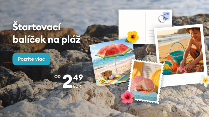 Propagačný banner informujúci o štartovacom balíčku na pláž s letnými doplnkami pre deti aj dospelých a výzvou na zobrazenie ponuky.