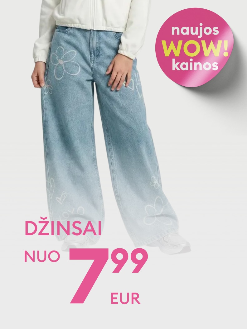 Reklama, skirta pristatyti džinsus ir paskatinti pirkimą per specialų pasiūlymą su patrauklia kaina.