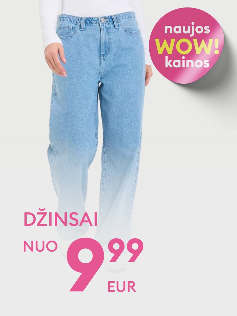 Reklaminis pasiūlymas, pristatantis džinsus su nauja akcija ir labai patrauklia pradine kaina, skatinantis įsigyti.