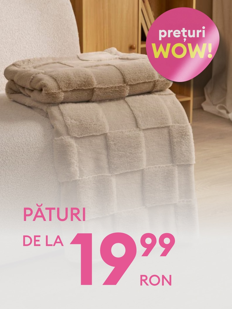 Pături confortabile disponibile începând de la prețul de 19,99 RON. Perfecte pentru serile răcoroase. Descoperă acum ofertele noastre WOW și bucură-te de un confort deosebit la un preț accesibil!