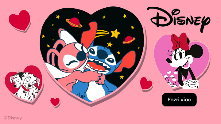 Ilustrácia s postavami Disney. Nachádzajú sa tu Stitch a Angel, objímajúci sa v srdcovom rámiku s hviezdami a planétami na pozadí, Minnie Mouse s mašľou a šálkou kávy v druhom rámiku a dalmatínci z filmu "101 dalmatíncov". Text „Pozri viac“.