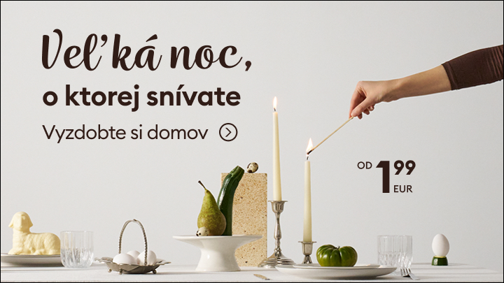 Propagácia veľkonočných dekorácií a prestierania s výzvou skrášliť domov; zdôrazňuje sezónnu atmosféru a dostupnú cenu od 1,99 €.