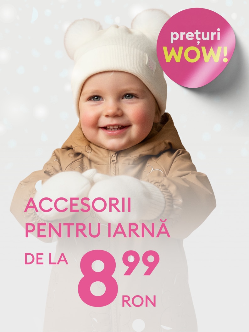 Accesorii pentru iarnă disponibile începând de la prețuri WOW, doar 8,99 RON. Mesaj promoțional atractiv pentru sezonul rece, ideal pentru achiziția unor produse esențiale de iarnă. Oferta accesibilă și convenabilă.