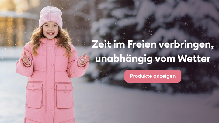 Ein Kind steht draußen im Schnee in warmer Winterkleidung. Die Botschaft des Bildes betont, dass man unabhängig vom Wetter Zeit im Freien verbringen kann. Ein Button lädt dazu ein, Produkte anzuzeigen, die für solche Aktivitäten geeignet sind.