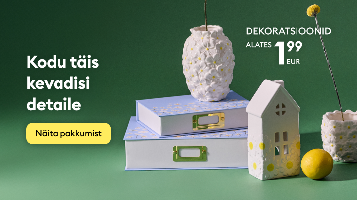 Reklaam kodukaunistustele kevadiseks sisustamiseks, esitledes väikseid dekoratsioone ja pakkumist alates 1,99 eurost ning suunates tutvuma valikuga.