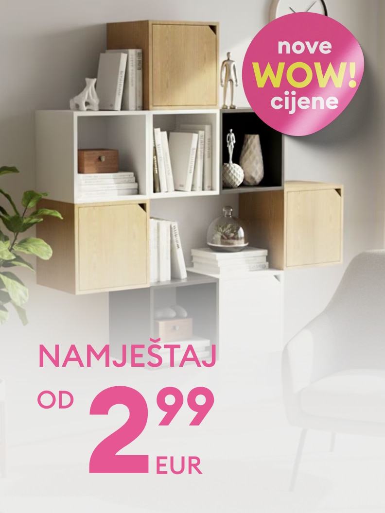 Promotivna poruka o ponudi namještaja po sniženim cijenama, namijenjena poticanju kupnje i informiranju o povoljnim novim cijenama u asortimanu.