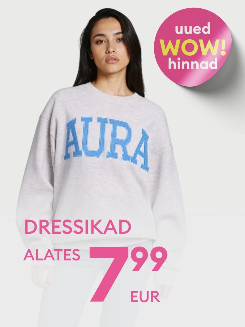 Reklaam, mis teavitab soodsast naisteriiete pakkumisest: dressid alates 7,99 eurost ning uued eriti head hinnad.