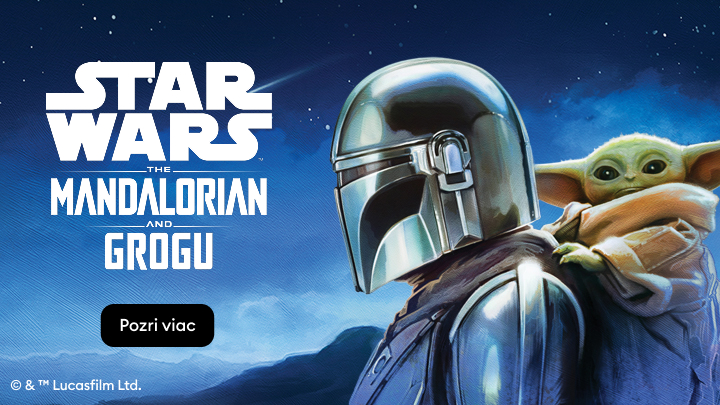 Propagačný vizuál predstavujúci svet Star Wars s postavami Mandalorian a Grogu, ktorý pozýva používateľa objaviť súvisiaci obsah alebo ponuku.