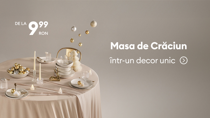 Masa de Crăciun prezentată într-un decor elegant, cu accesorii festive. Descoperă produse și idei pentru un aranjament unic la prețuri accesibile, începând de la 9,99 RON. Perfect pentru o atmosferă specială de sărbători. banner
