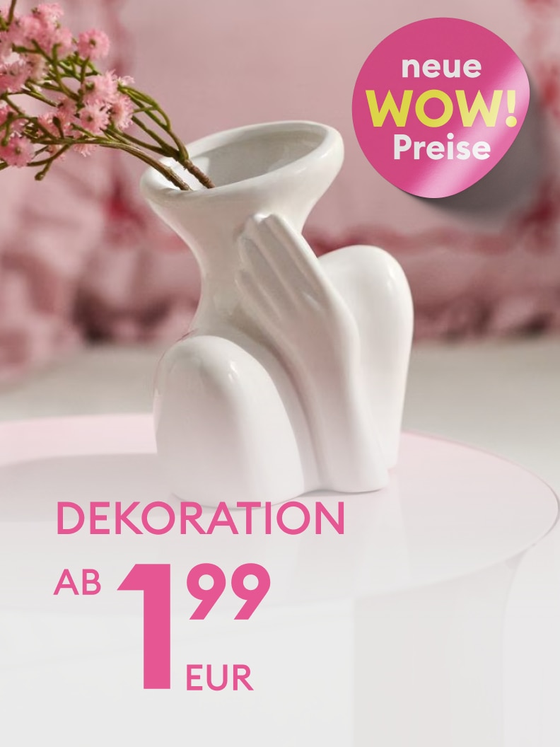 Werbegrafik für günstige Wohndekoration mit besonderem Angebot und neuen attraktiven Preisen, Dekorationsartikel bereits ab 1,99 EUR erhältlich.