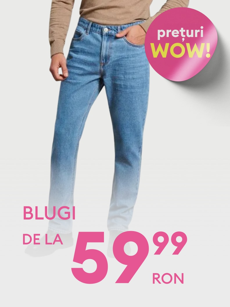 Promovare comercială pentru blugi, comunicând o ofertă specială cu preț redus și avantaj economic pentru cumpărători.