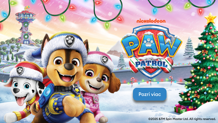 Tím z Tlapkovej patroly oblečený do sviatočných kostýmov stojí na zasneženej scéne s vianočným stromčekom, ozdobami a logom série „Paw Patrol“. Na obrázku je tlačidlo s textom „Pozri viac“. banner