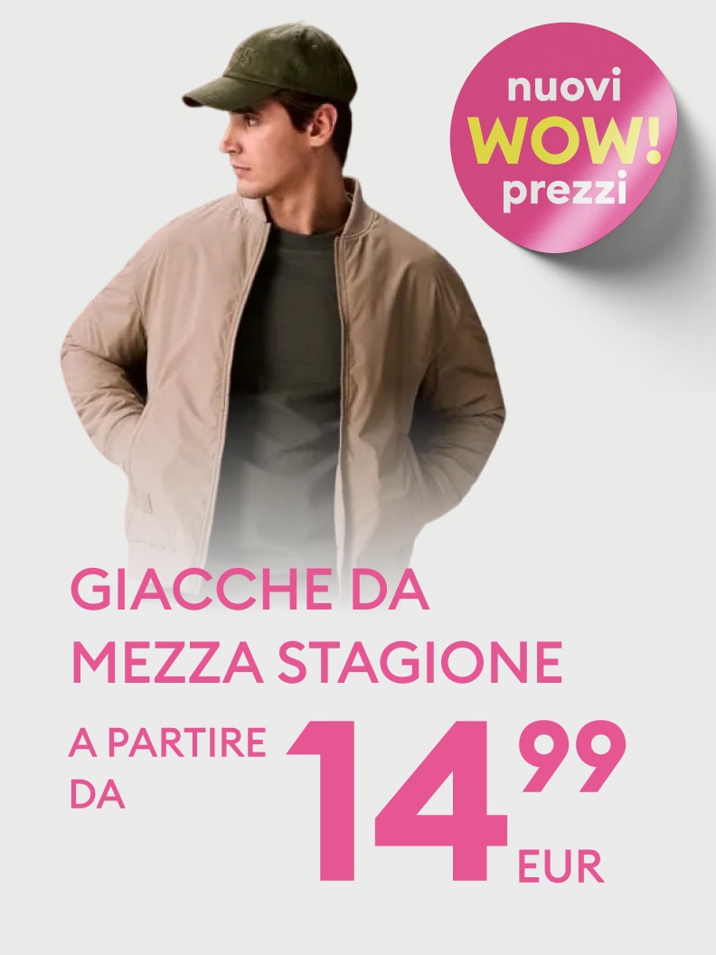 Promozione su giacche da mezza stagione con nuovi prezzi vantaggiosi, disponibili a partire da 14,99 euro.