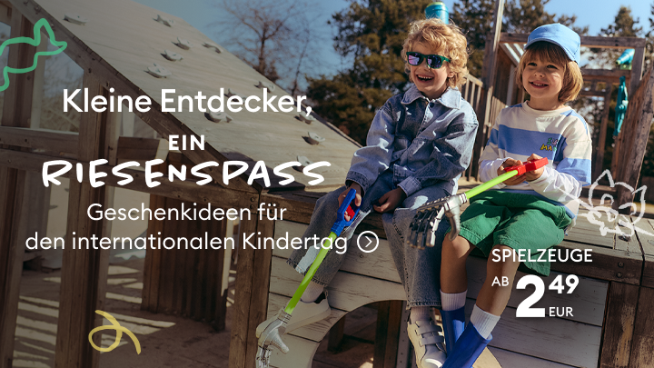 Werbebanner zur Bewerbung von Geschenkideen zum Internationalen Kindertag mit Spielzeugen für Kinder und Fokus auf günstige Preise.
