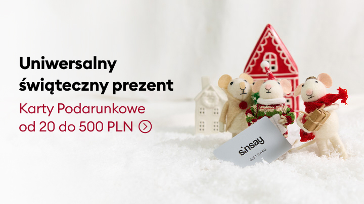 Uniwersalny prezent świąteczny w formie karty podarunkowej Sinsay o wartości od 20 do 500 złotych.
