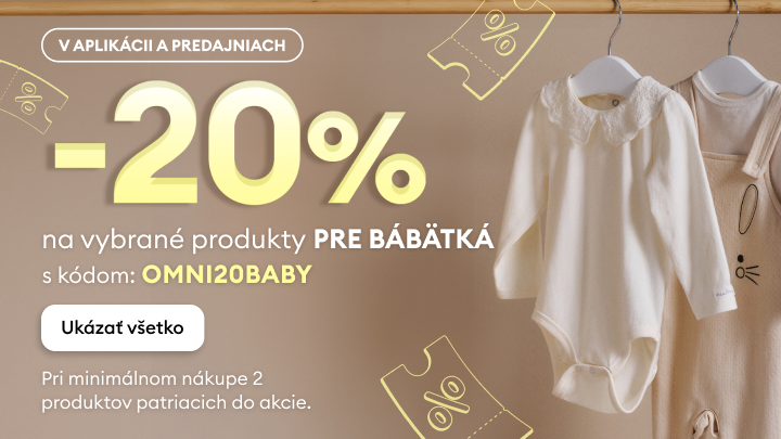 Propagačná ponuka –20 % na vybrané produkty pre bábätká s kódom OMNI20BABY, dostupná v aplikácii aj predajniach, pri kúpe minimálne dvoch položiek.