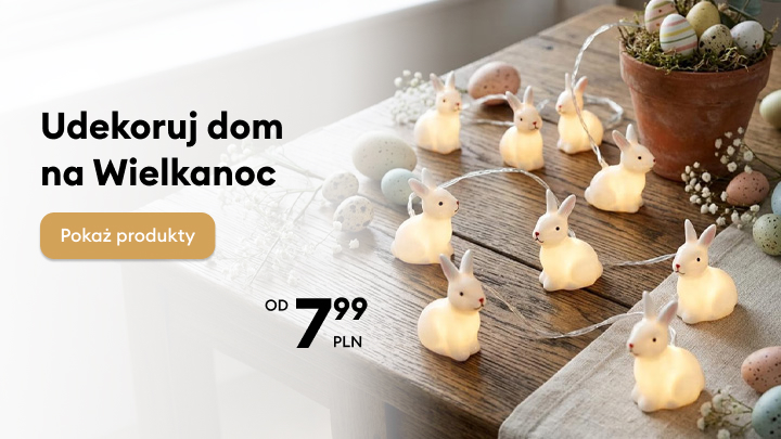 Baner promujący ofertę wielkanocnych dekoracji do wnętrz, zachęcający do zapoznania się z asortymentem i informujący o atrakcyjnych cenach.