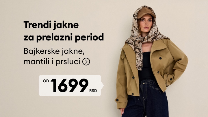Promocija ženskih jakni za prelazni period, uključujući bajkerske jakne, mantile i prsluke po sniženoj ceni od 1699 RSD