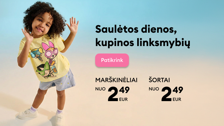 Vaikiškų vasaros drabužių akcija su kvietimu peržiūrėti pasiūlymus; marškinėliai ir šortai siūlomi nuo 2,49 EUR.