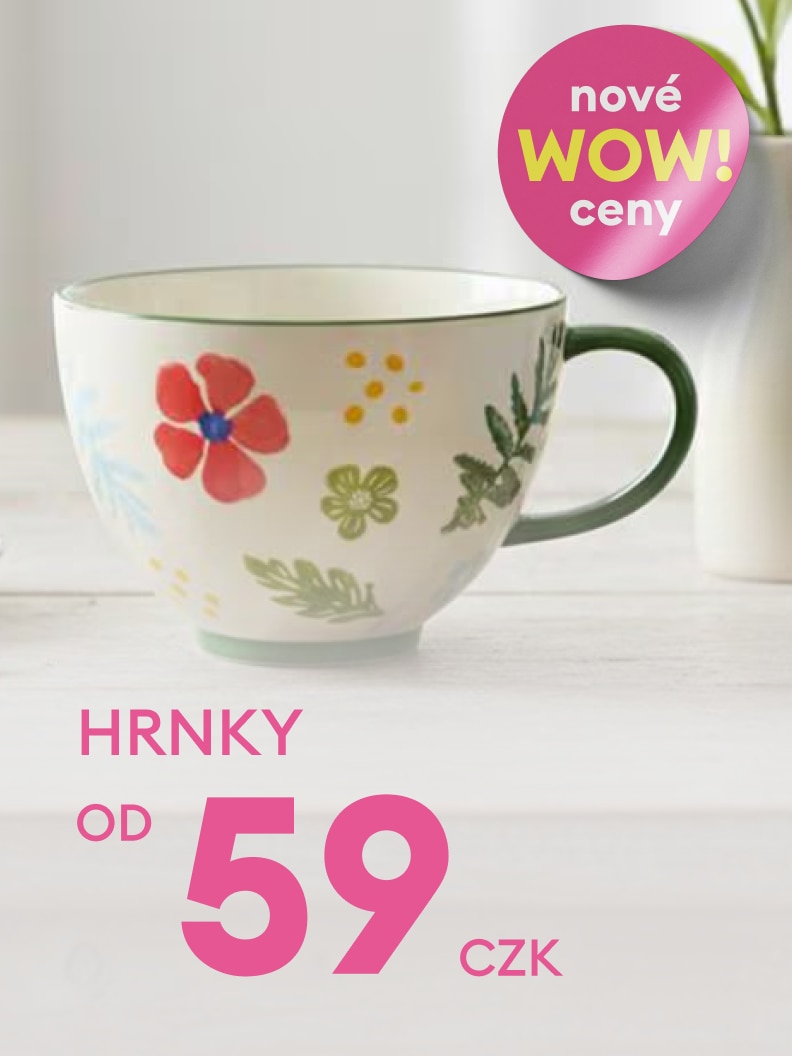 Reklamní sdělení o akční nabídce hrnků s dekorativním motivem, zdůrazňující nové zvýhodněné ceny s počáteční cenou 59 Kč.