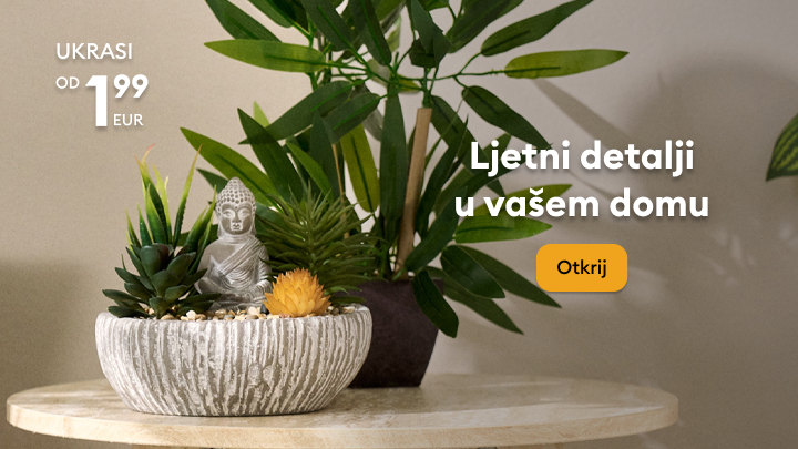 Promocija ljetnih ukrasa za dom, s naglaskom na dekorativne biljke i dodatke koji osvježavaju interijer, uz povoljnu cijenu i poziv na otkrivanje ponude.