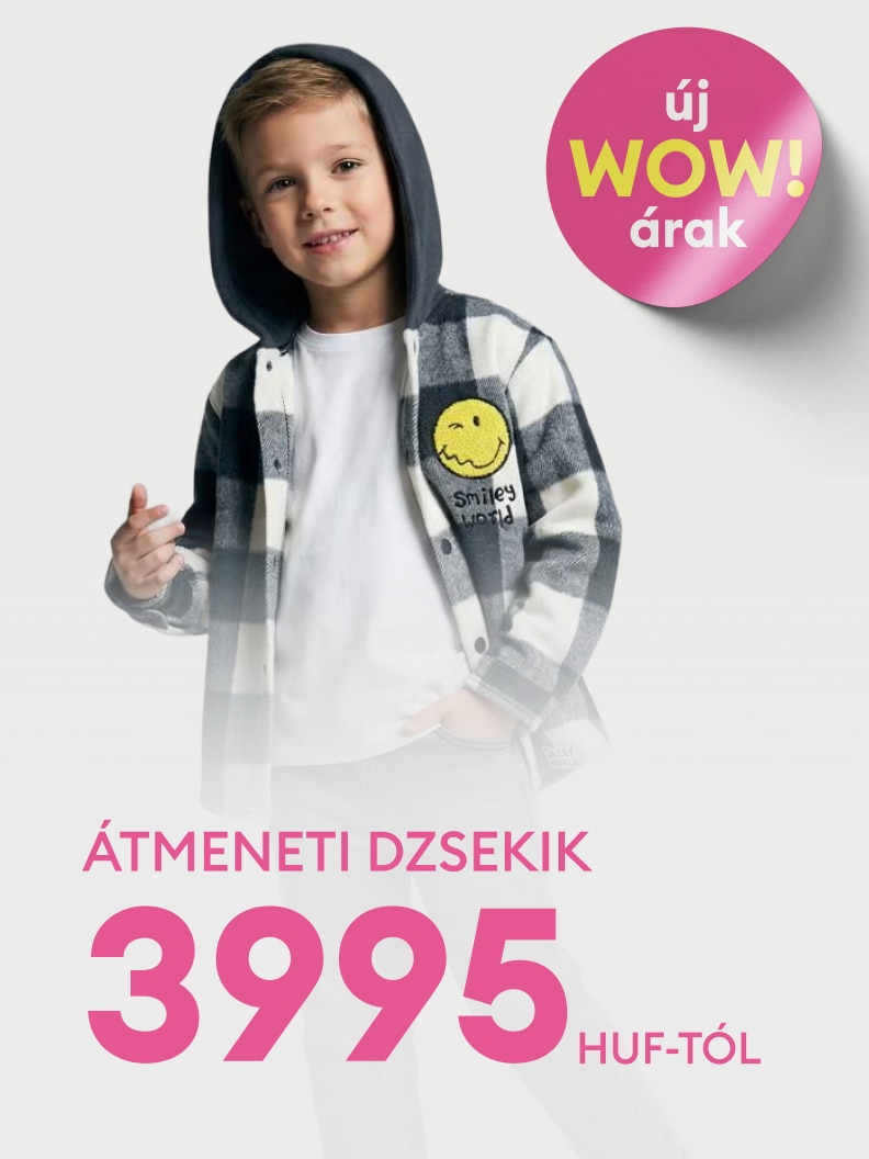 Akciós ajánlat átmeneti dzsekikre, fiatalos stílusú modell bemutatásával, amely az új, kedvező árú kollekciót népszerűsíti.