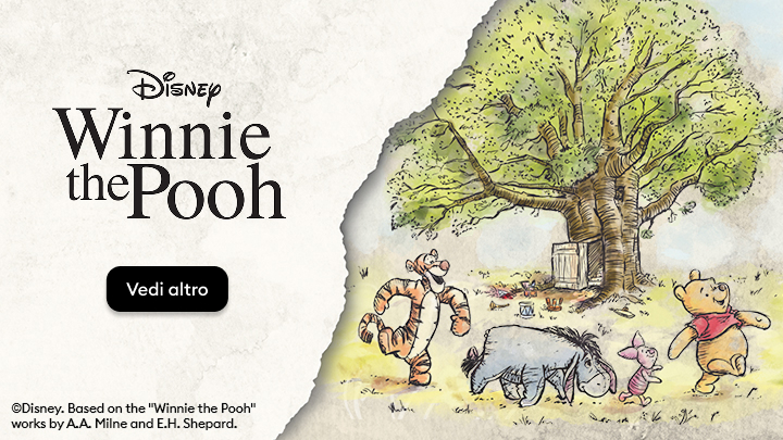 Illustrazione del mondo di Winnie the Pooh: Tigro, Ih-Oh, Pimpi e Winnie camminano insieme in un prato vicino a un grande albero. Ispirato alle opere di A.A. Milne e E.H. Shepard. Scopri di più su questa storia e i suoi personaggi attraverso Disney. banner