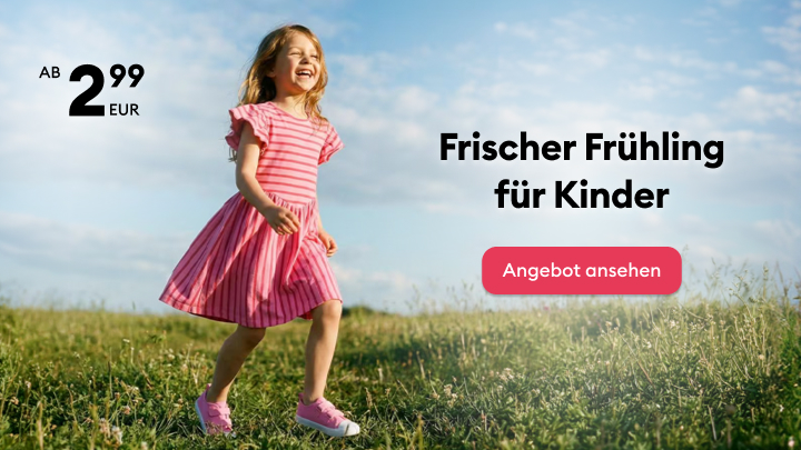 Werbung für Frühlingsmode für Kinder, die saisonale Kleidung präsentiert und zum Entdecken eines preisgünstigen Angebots animiert.
