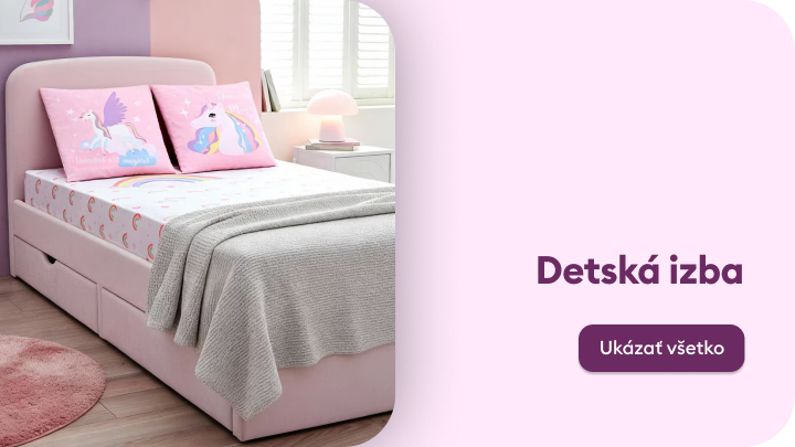 Propagácia sortimentu pre detskú izbu, zameraná na posteľ a doplnky, s výzvou preskúmať kompletnú ponuku.
