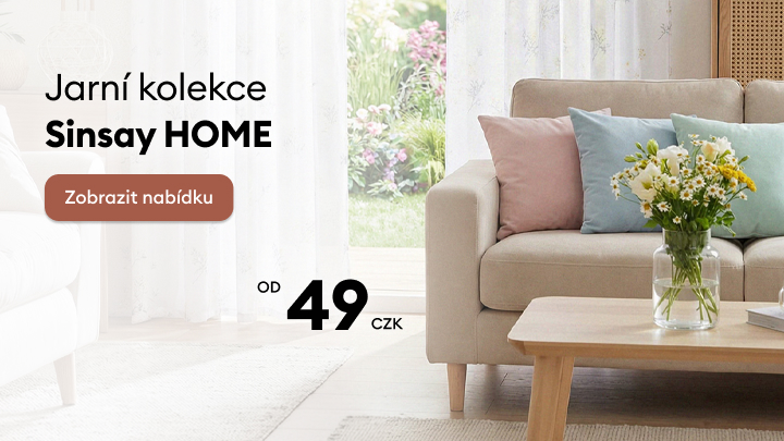 Propagace jarní kolekce bytových doplňků Sinsay Home s výzvou k prohlédnutí nabídky a informací o cenách od 49 Kč.
