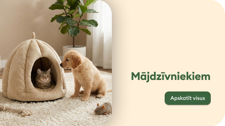 Reklamē preces mājdzīvniekiem, uzsverot komfortu, mājīgumu un piemērotību gan kaķiem, gan suņiem mājas vidē.