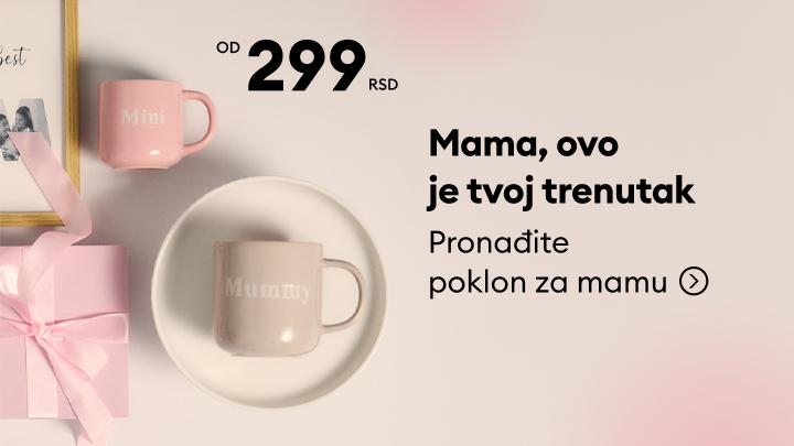 Promotivni baner koji poziva na kupovinu poklona za mamu, uz istaknutu početnu cenu od 299 RSD.